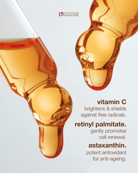 A close-up, high-clarity shot of serum droppers showcasing key ingredients like Vitamin C and Astaxanthin with clear text benefits.